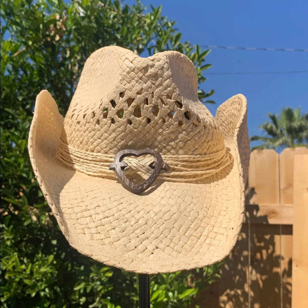 Natural Straw Cowgirl Hat with Rustic Heart Accent - Picture 7 of 13